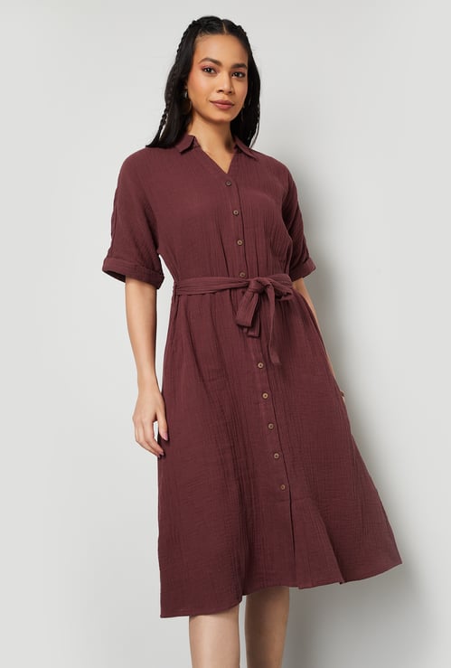COLOUR ME Textured Shirt Dress with Tie-Up Waist
