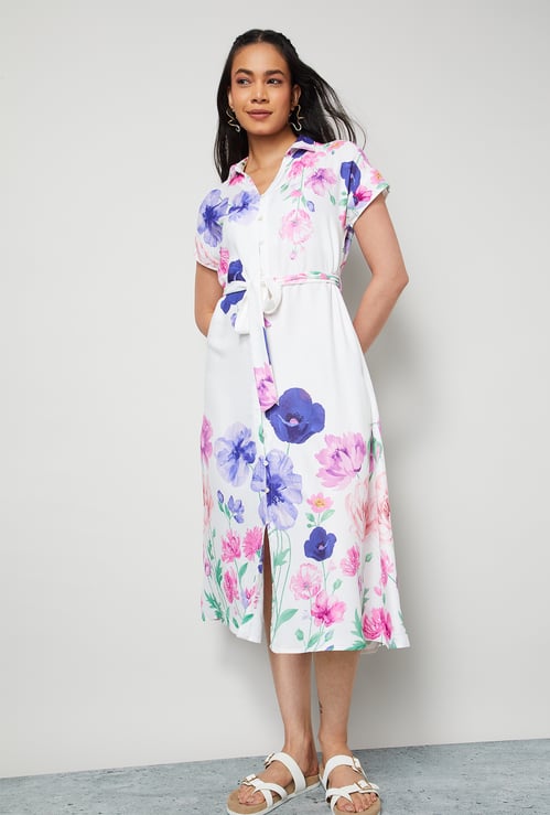 COLOUR ME Floral Print Shirt Dress with Belt