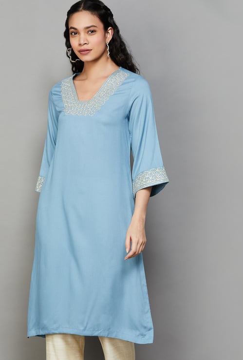 BIBA Embroidered V-Neck Straight Festive Kurta