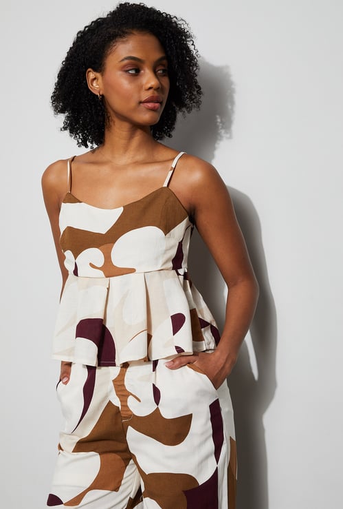 GINGER Abstract Print Smocked Back Spaghetti Top