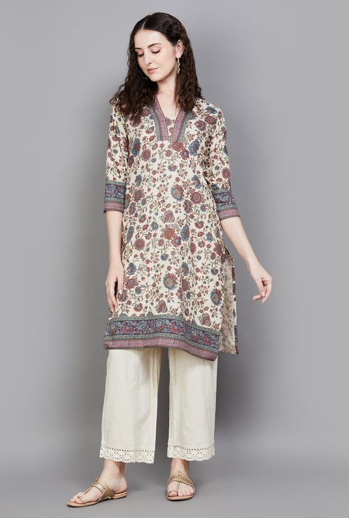 SPAN Floral Print Band Collar 3/4th Sleeves Straight Kurta