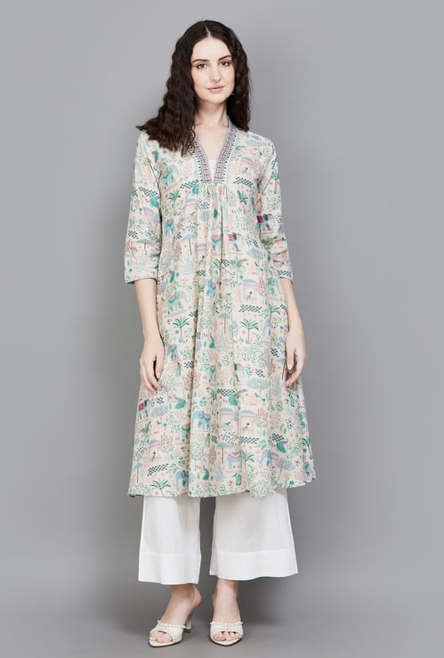 SPAN Ethnic Motif V-Neck Flared Kurta
