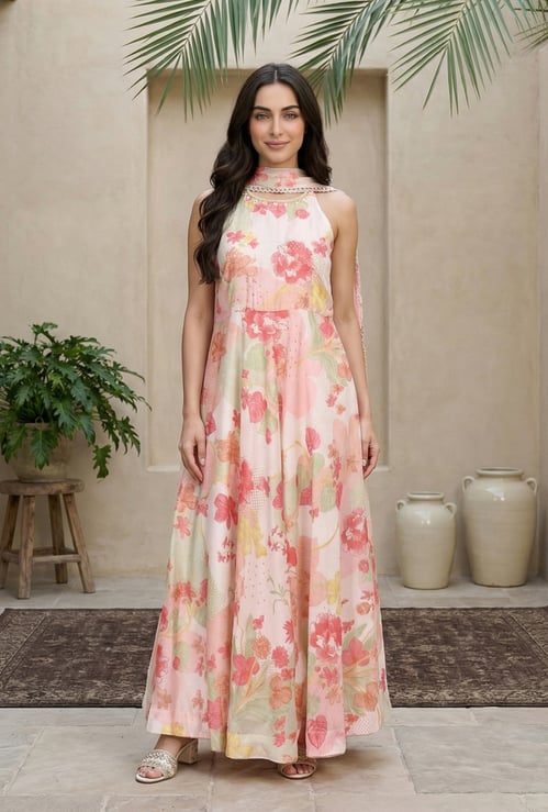 W Floral Print Maxi Dress with Dupatta