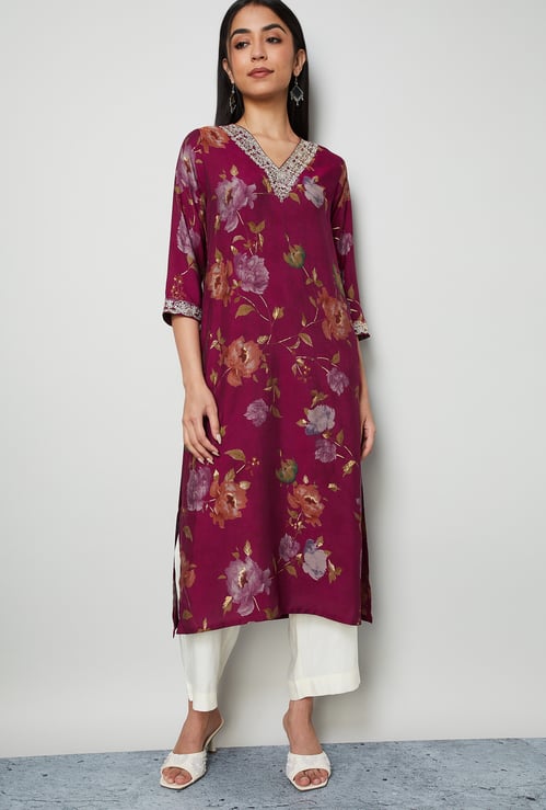 MELANGE Floral Print V-Neck 3/4th Sleeves Straight Kurta