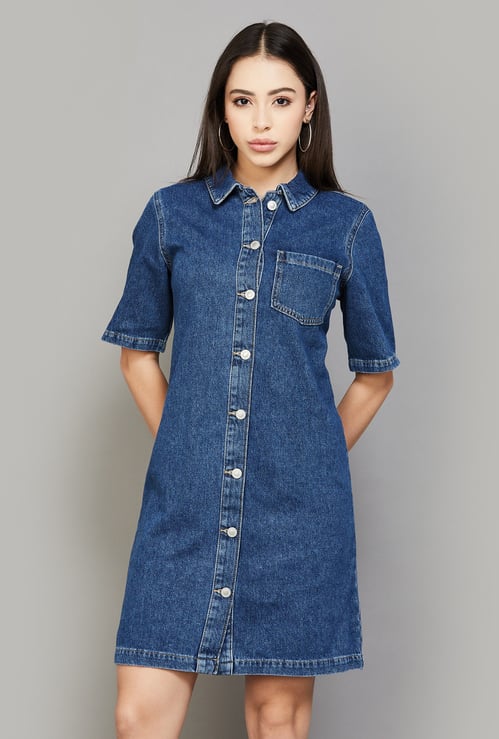 ONLY Solid Collared Button-Down Shirt Dress
