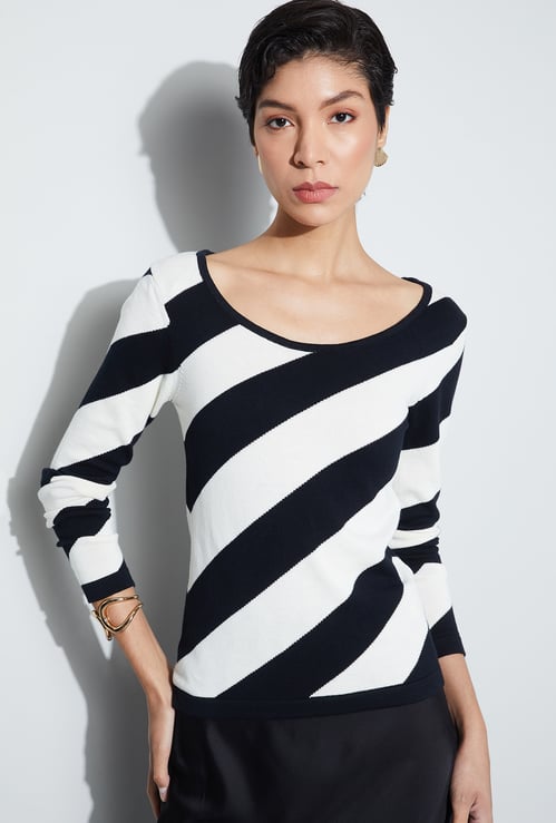CODE Striped Scoop Neck Full Sleeves Top