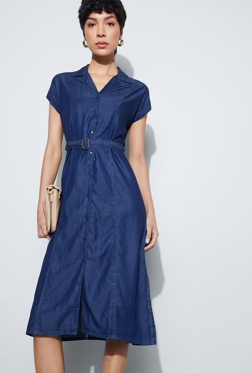 FAME FOREVER Belted Button-Down Midi Dress
