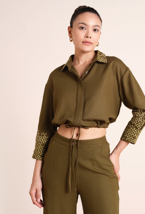 AND Embroidered Drawstring Crop Top