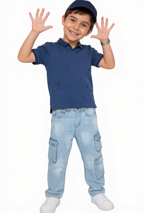 FAME FOREVER Boys Embroidered Johnny Collar T-shirt