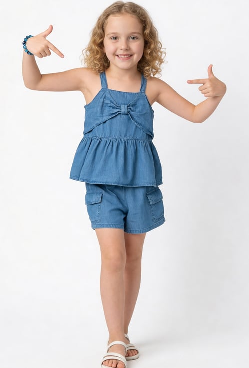 FAME FOREVER Girls Bow-Detail Denim Top