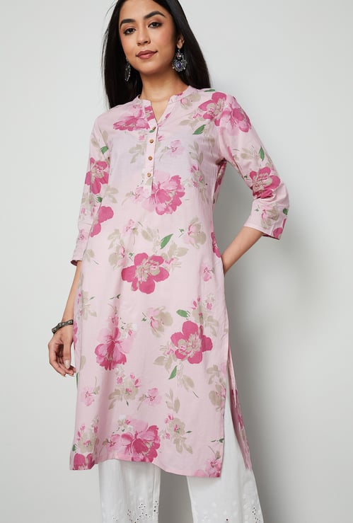 MELANGE Floral Print Band Collar Straight Kurta