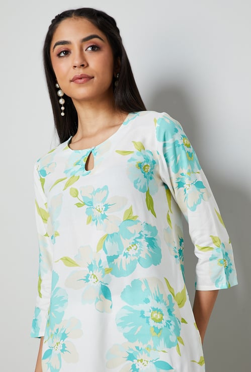 MELANGE Floral Print Key-hole Neck Straight Kurti