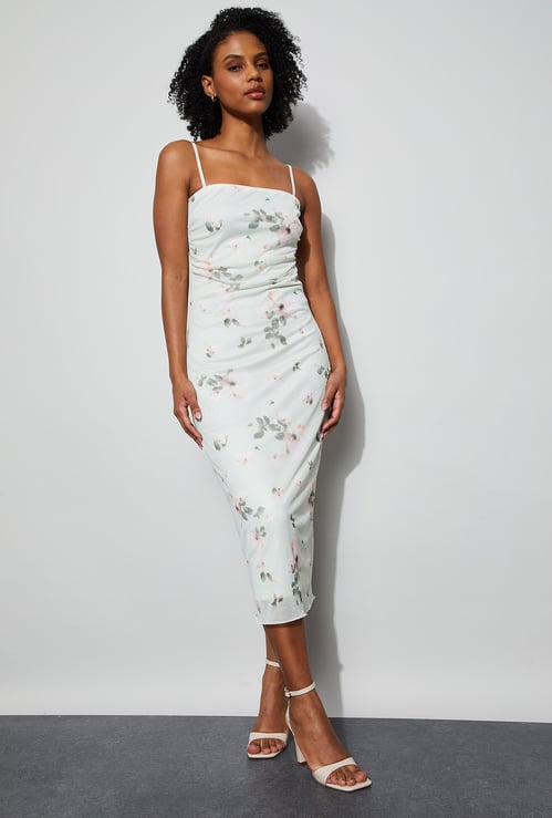 GINGER Floral Print Spaghetti Bodycon Midi Dress