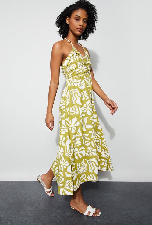 GINGER Floral Print Spaghetti Neck Midi Dress