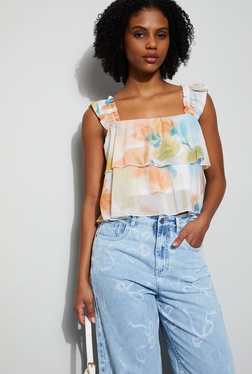 GINGER Floral Print Square Neck Sheer Crop Top