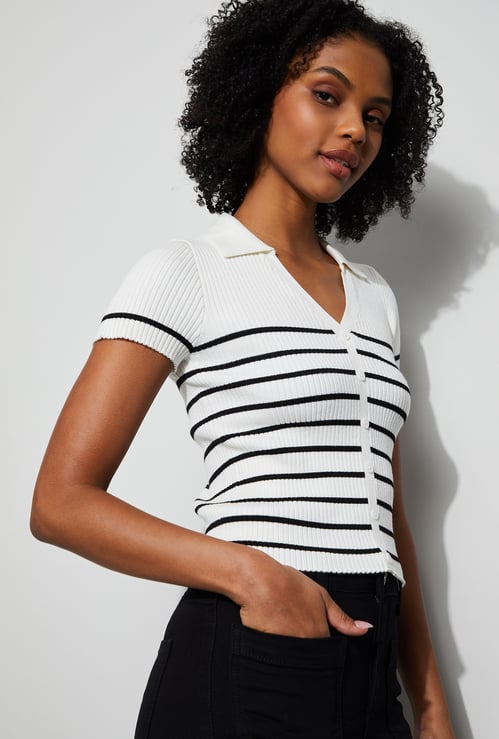 GINGER Striped V-Neck Button Top
