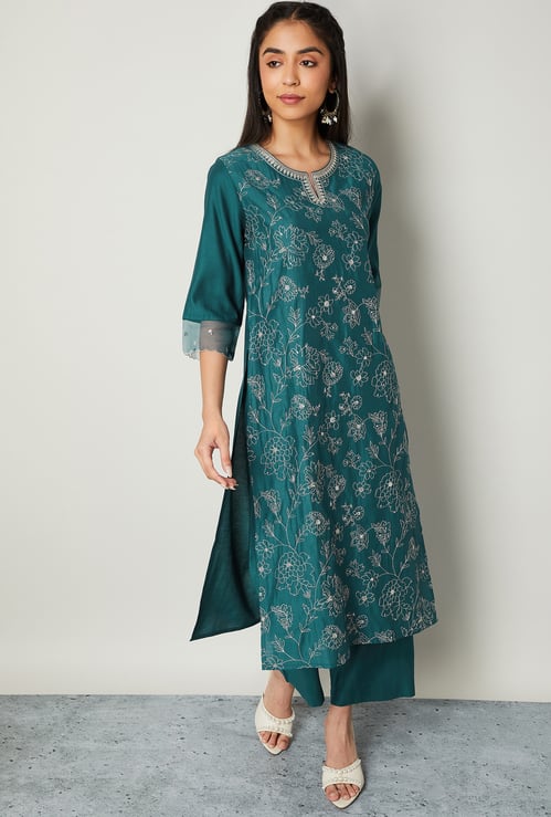 MELANGE Floral Embroidered Straight Kurta Set