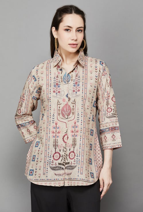 SPAN Ethnic Motif Collared 3/4th Sleeves Straight Kurti