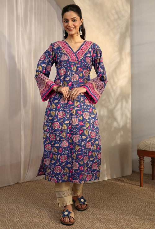LIBAS Floral Print V-Neck Straight Kurta