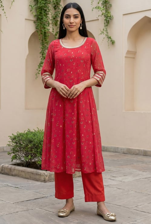 AURELIA Floral Print 3/4th Sleeves Round Neck Anarkali Kurta