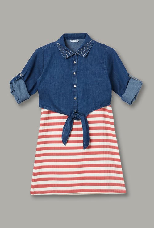 FAME FOREVER Girls Striped Dress with Shirt