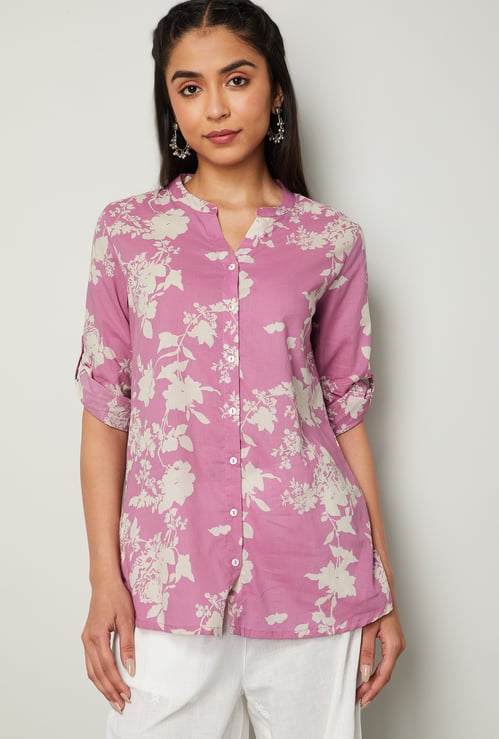 MELANGE Floral Print Band Collar 3/4th Sleeves Straight Kurti