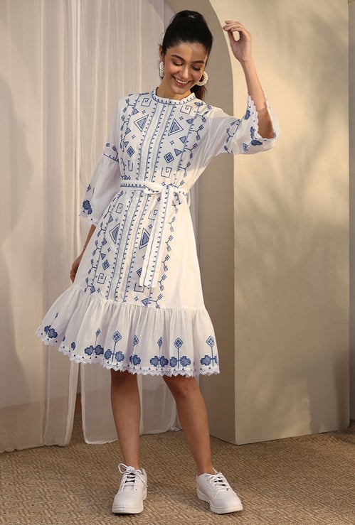 LIBAS Embroidered Belted Midi Dress