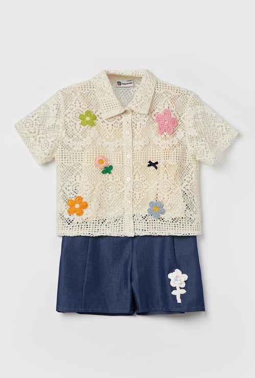 PEPPERMINT Girls Embroidered Top with Shorts and Inner Set