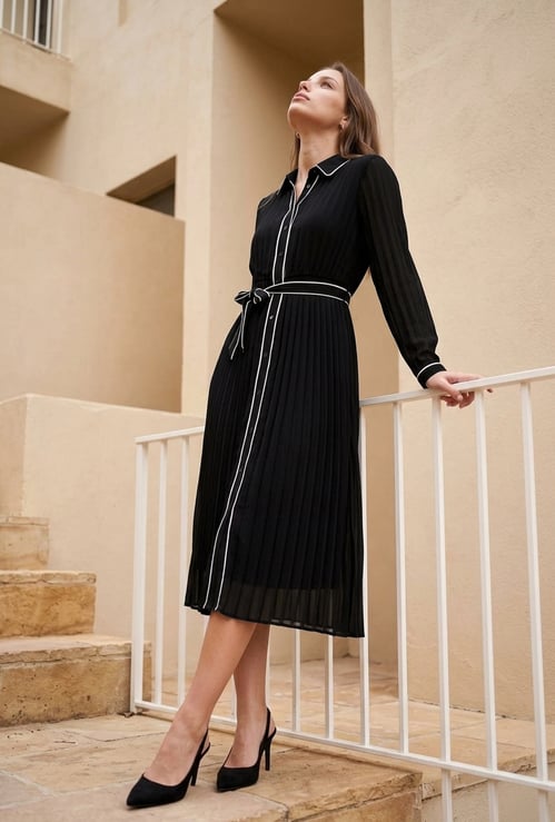 CODE Pleated Shirt Dress with Belt