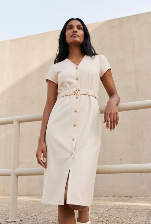 CODE Solid Buttoned Midi Dress with Belt