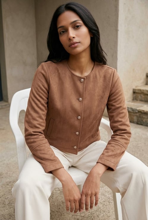CODE Solid Faux Suede Jacket
