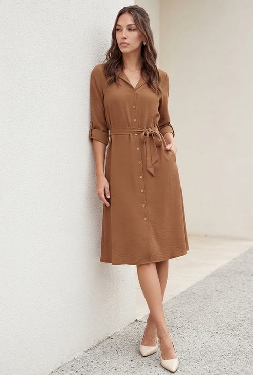 CODE Solid Buttoned Midi Dress