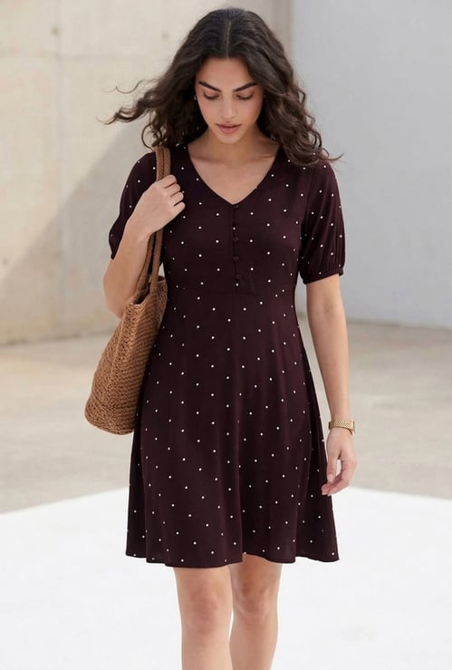 FAME FOREVER Polka-Dot Print Buttoned A-Line Dress