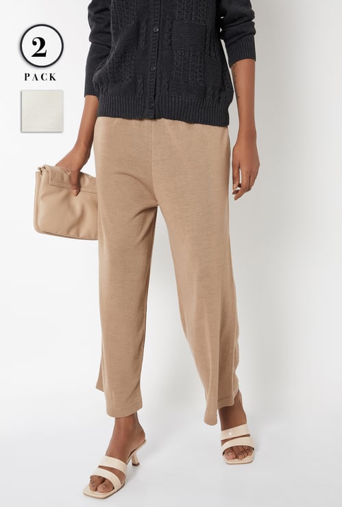 Women Solid Knit Wide Leg Trousers - Pack of 2
