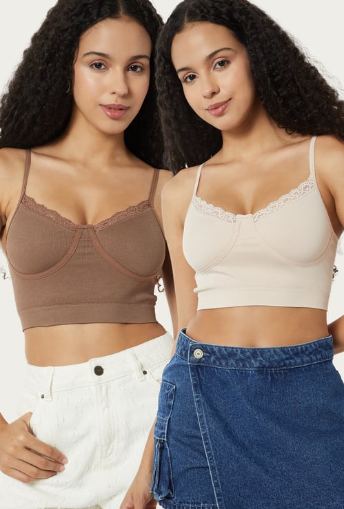 Women Ribbed Lace Inserts Corset Bra - Pack of 2