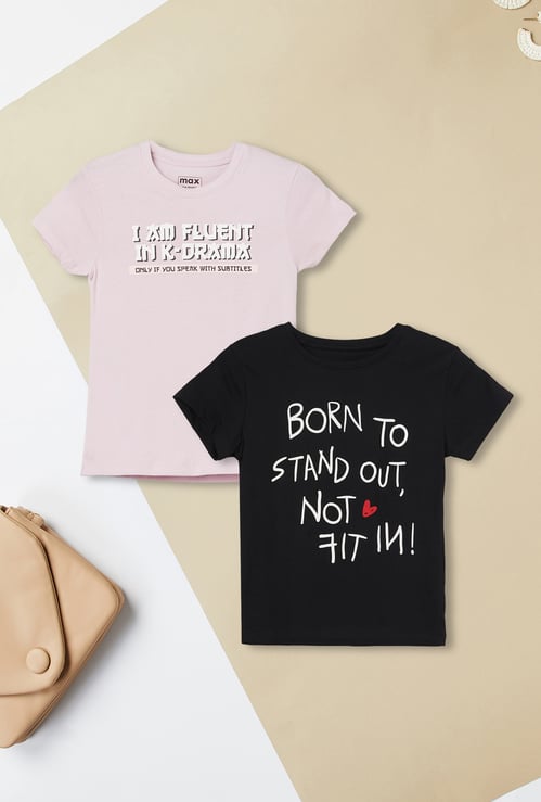 Girls Typographic Print T-shirt - Pack of 2