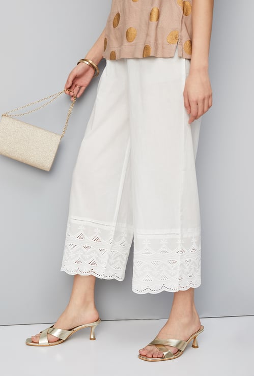 Women Embroidered Palazzos with Scalloped Hem