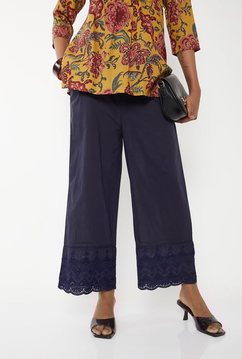 Women Embroidered Palazzos with Scalloped Hem