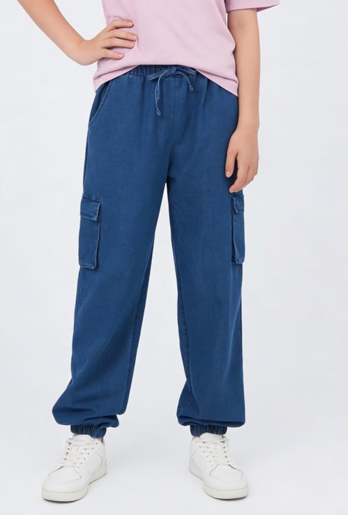 Girls Solid Denim Cargo Joggers