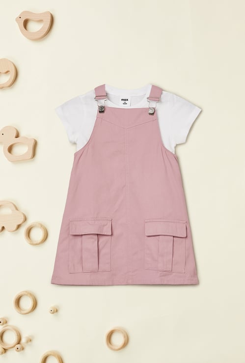 Girls Solid Pinafore Dress with T-shirt