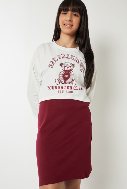 Girls Solid Dress with Printed Sweatshirt