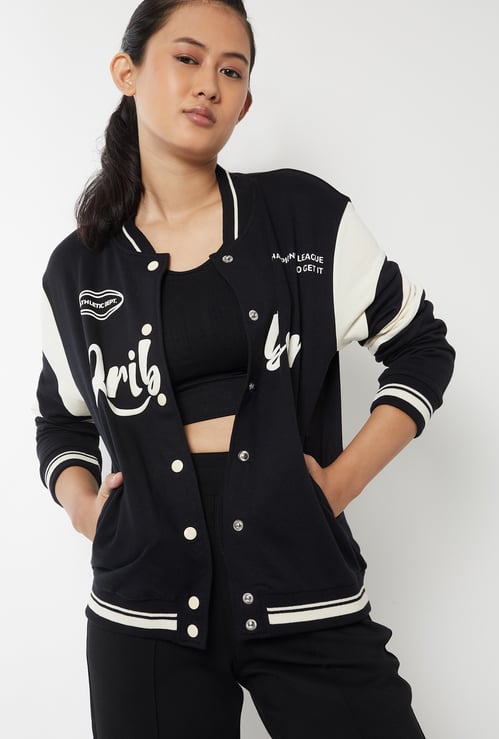 Women Boxy Fit Printed Varsity Jacket