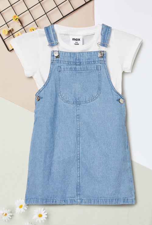 Girls Solid Denim Pinafore Dress with T-shirt
