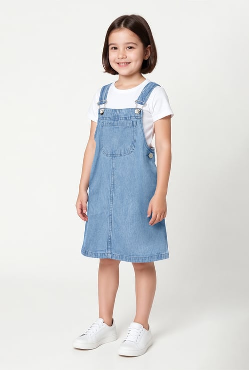 Girls Solid Denim Pinafore Dress with T-shirt