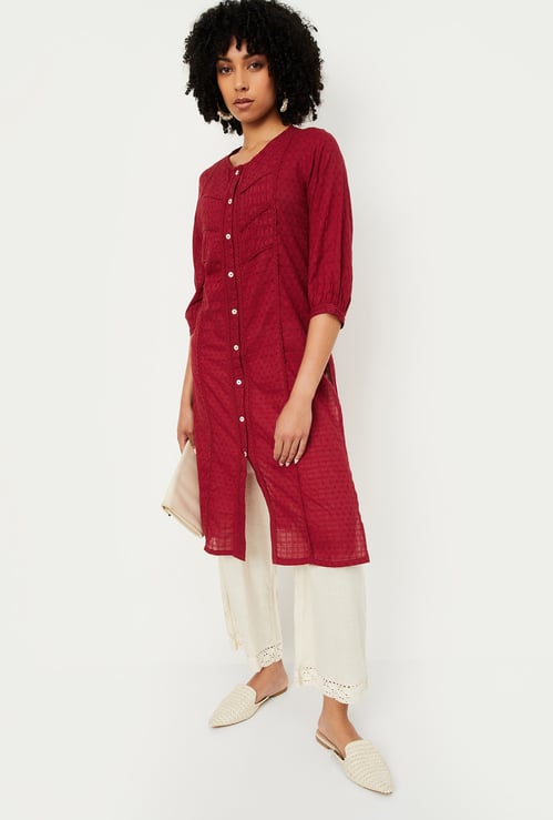 Women Woven Design Straight Kurta
