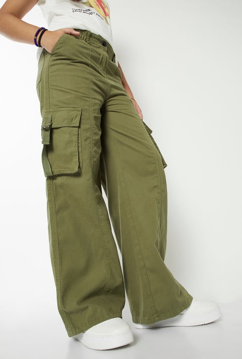 Girls Solid Wide Leg Cargo Trousers