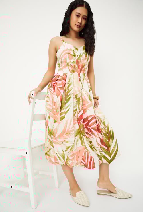 Women Tropical Print A-line Midi Dress
