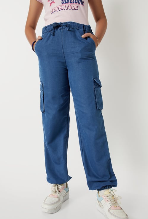 Girls Solid Relaxed Fit Cargo Joggers