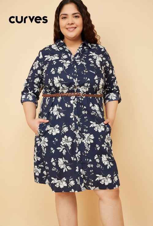 Women Floral Print Shirt Dress with Belt