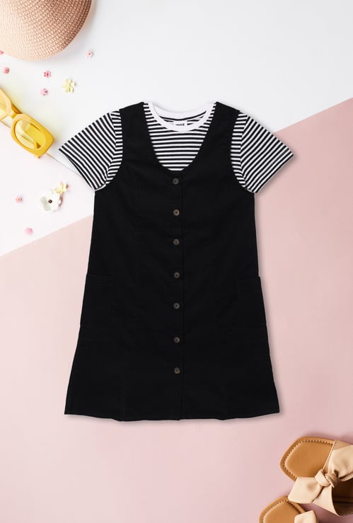Girls Solid Pinafore Dress with T-shirt